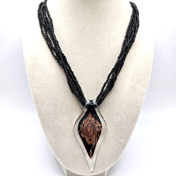 VINTAGE Black Seed Bead Italian Glass Pendant Necklace - Picture 1 of 9